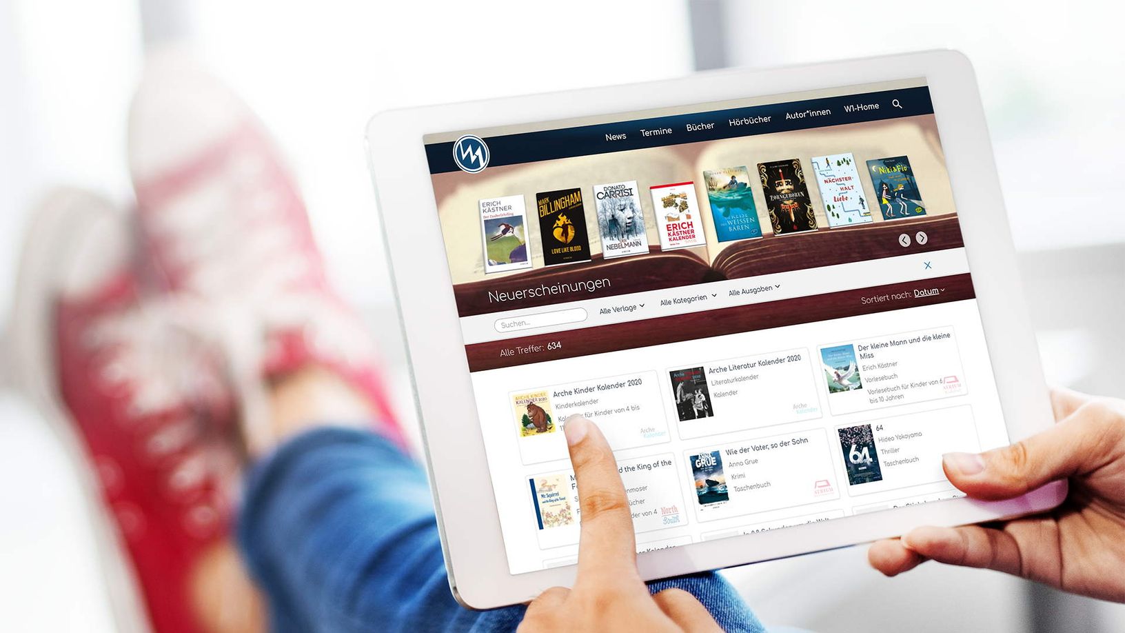 “New releases” of all works displayed on a tablet