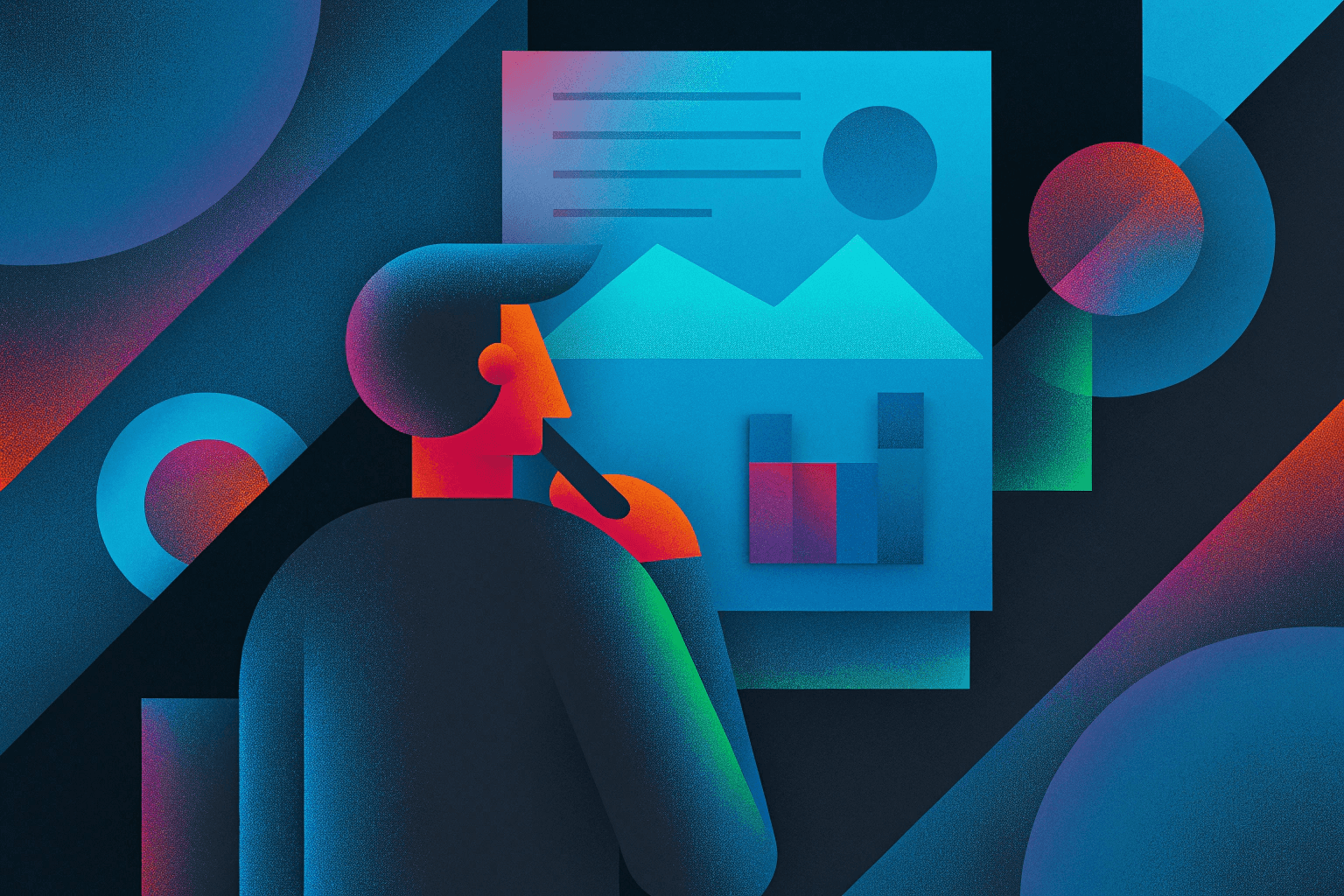 Illustration: Man thinking in front of a PC with a Google search for "plumber emergency", notepad in hand and a whiteboard reading "Our offer vs. customer search".