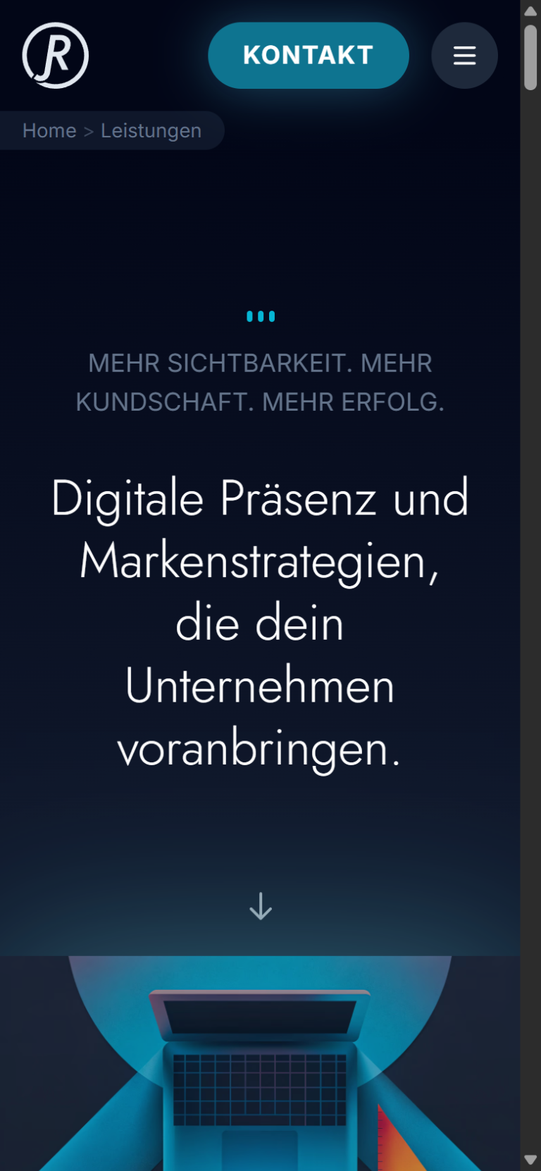 Leistungsseite auf dem Smartphone mit Brotkrümelpfad, Überschrift und Illustration