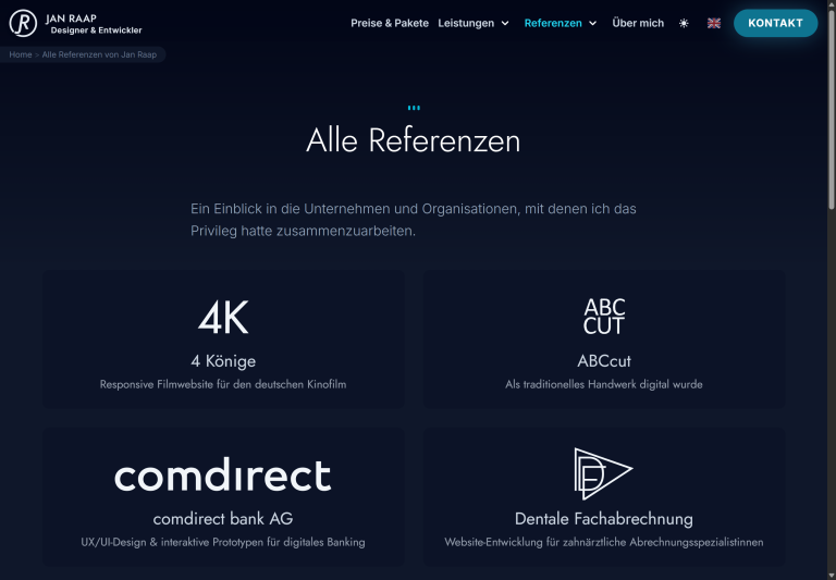 Referenzübersicht mit Logokarten von 4 Könige, ABCcut, comdirect und Dentale Fachabrechnung