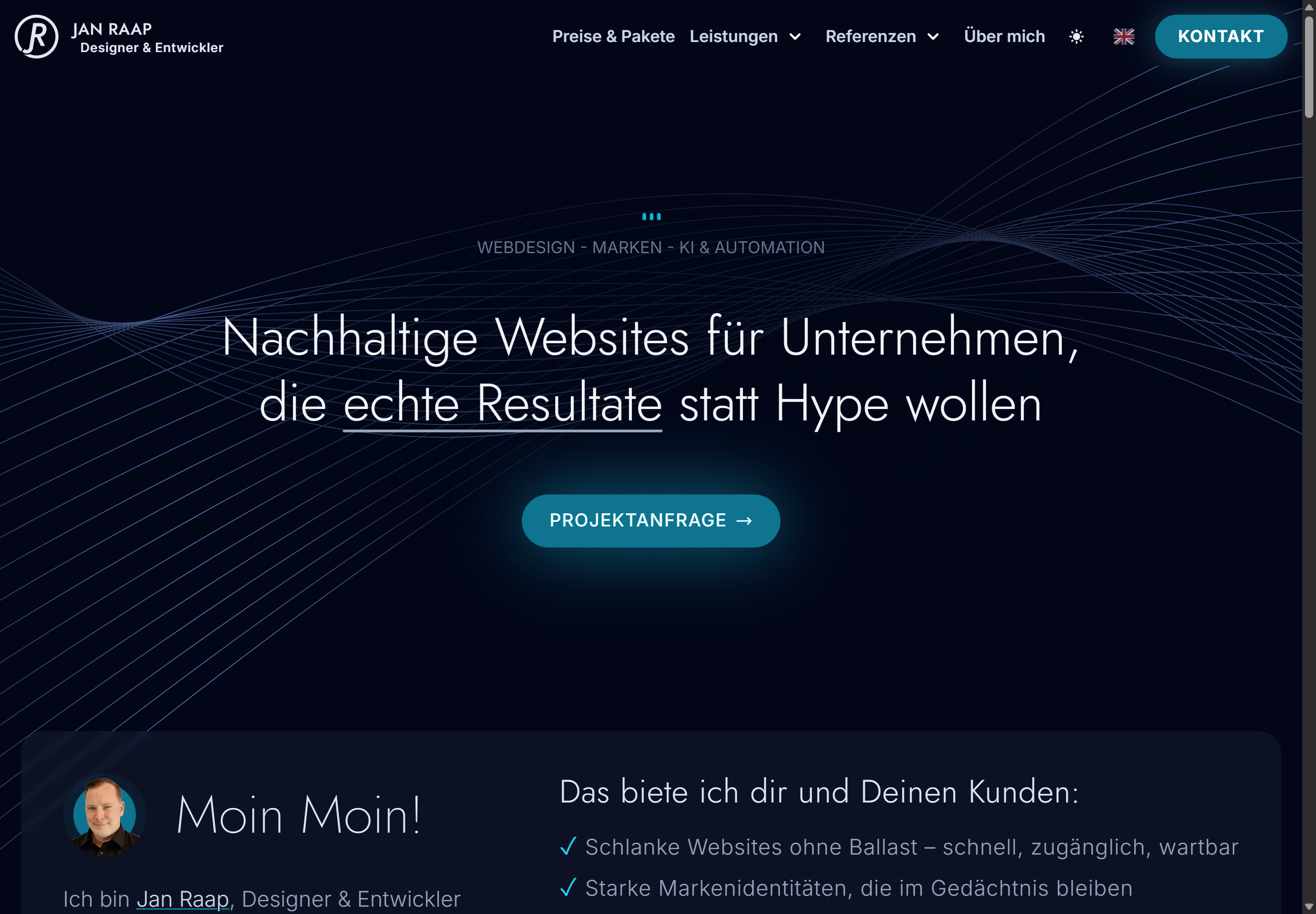 Startseite des Nuxt-Stands mit Signet, Navigation, Überschrift und Schaltfläche Projektanfrage