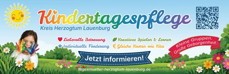 Banner im Wiesenmotiv mit Wortmarke, vier Nutzenzeilen, Domain und QR-Code