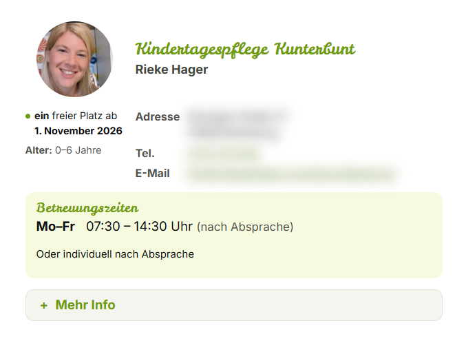 Profilkarte einer Tagesmutter mit Porträt, freiem Platz, Altersstufe und Betreuungszeiten