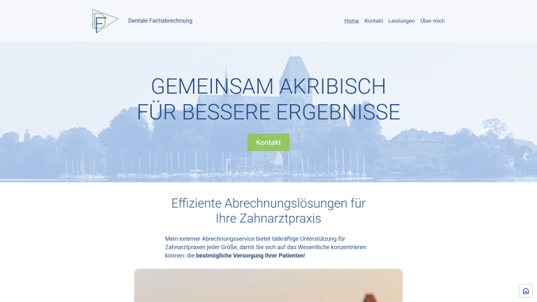 Startseite der Dentalen Fachabrechnung mit Hero-Bild und Einstieg in die Abrechnungsleistungen